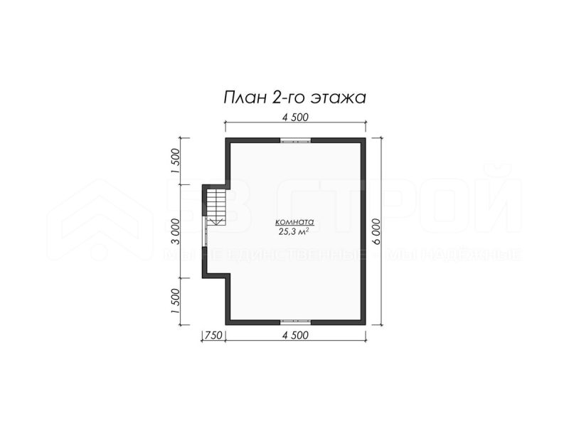 План второго этажа каркасной бани 6х6 с двумя комнатами