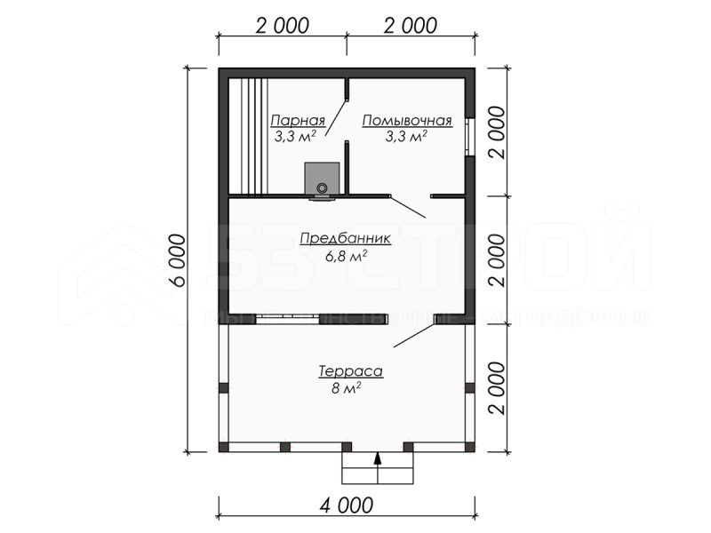 Планировка одноэтажной каркасной бани 6х4