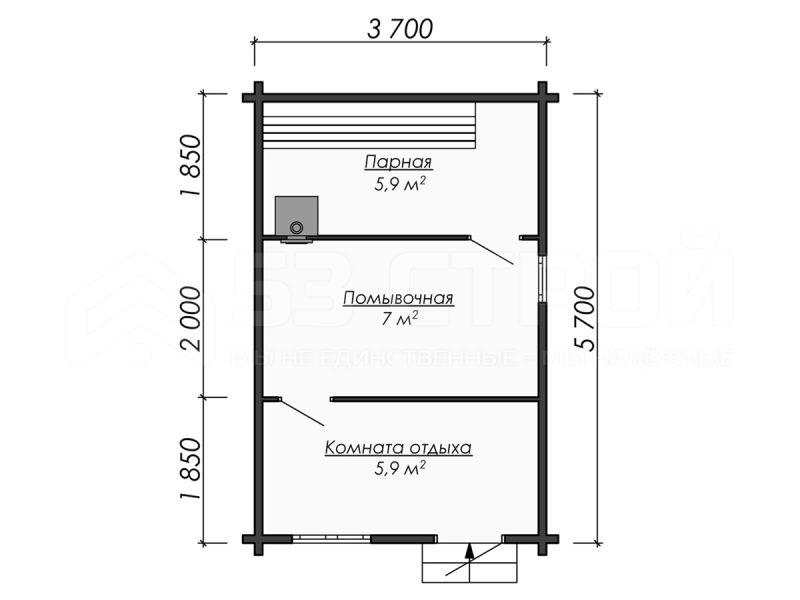 Планировка одноэтажной бани из бруса 5.7х3.7