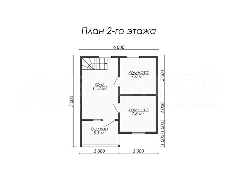 План второго этажа дома из бруса 6х6 с тремя спальнями