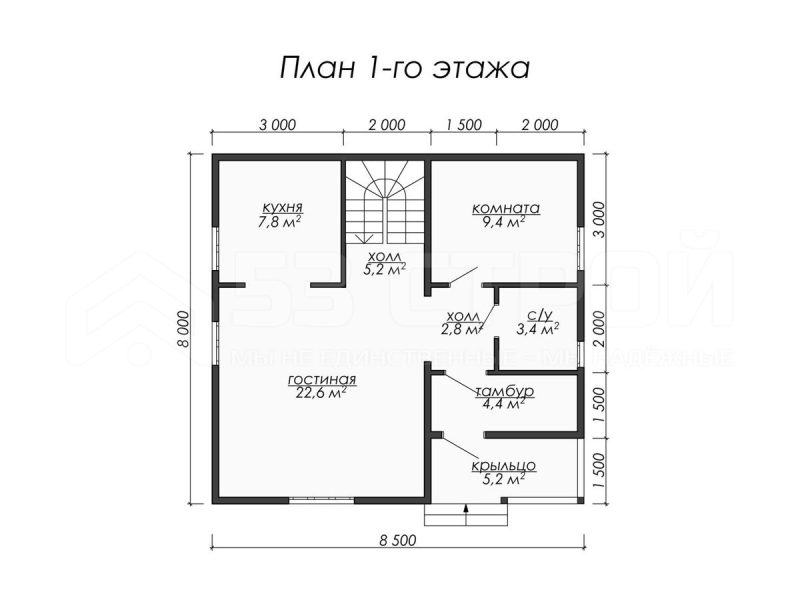 Планировка двухэтажного дома из бруса 8х8.5