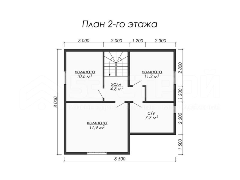 План второго этажа каркасного дома 8х8.5 с пятью спальнями