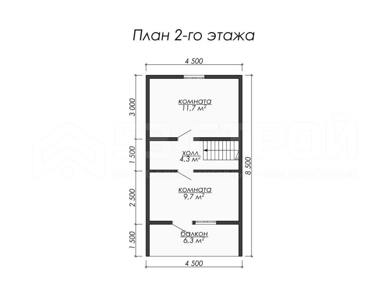 План второго этажа каркасного дома 9х8.5 с четырьмя спальнями