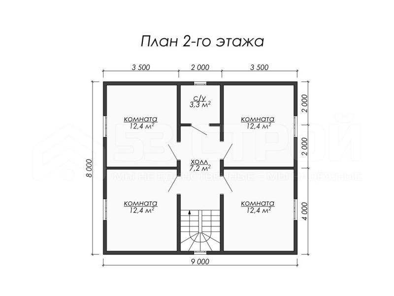 План второго этажа каркасного дома 8х9 с одной комнатой