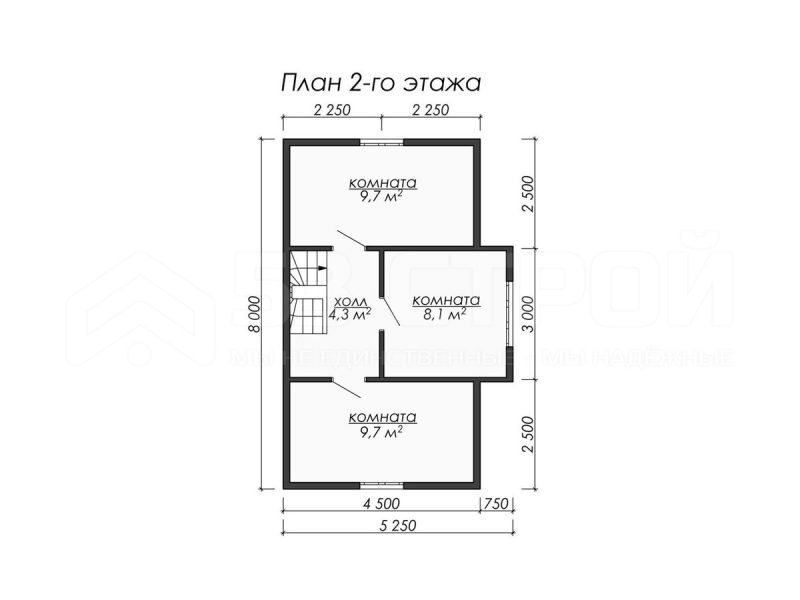 План второго этажа каркасного дома 6х8 с четырьмя спальнями