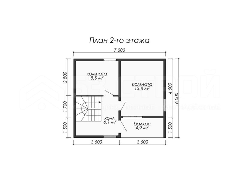 План второго этажа каркасного дома 6х7 с тремя спальнями