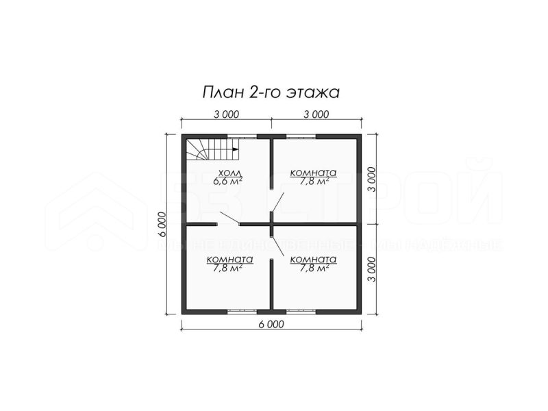План второго этажа каркасного дома 6х8 с четырьмя спальнями