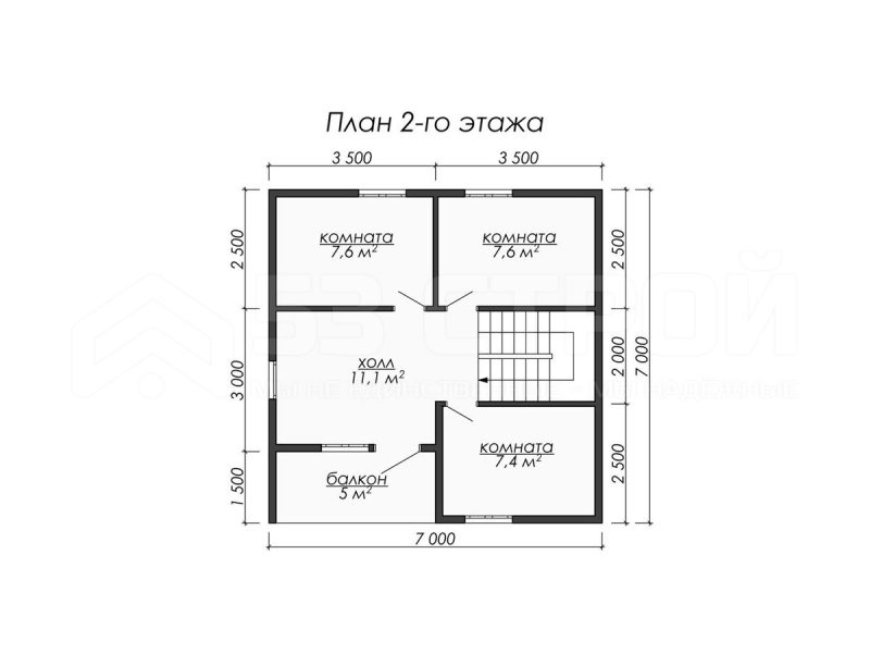 План второго этажа каркасного дома 7х7 с пятью спальнями