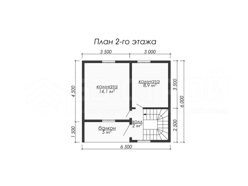 План второго этажа каркасного дома 6х8 с тремя спальнями