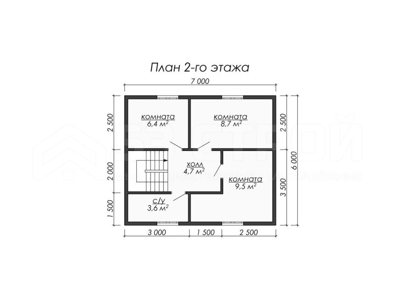 План второго этажа каркасного дома 7 на 8 с пятью спальнями