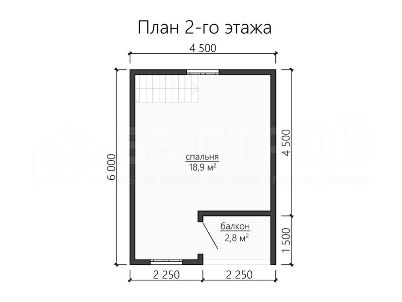 План второго этажа дома из бруса 6х6 с одной спальней