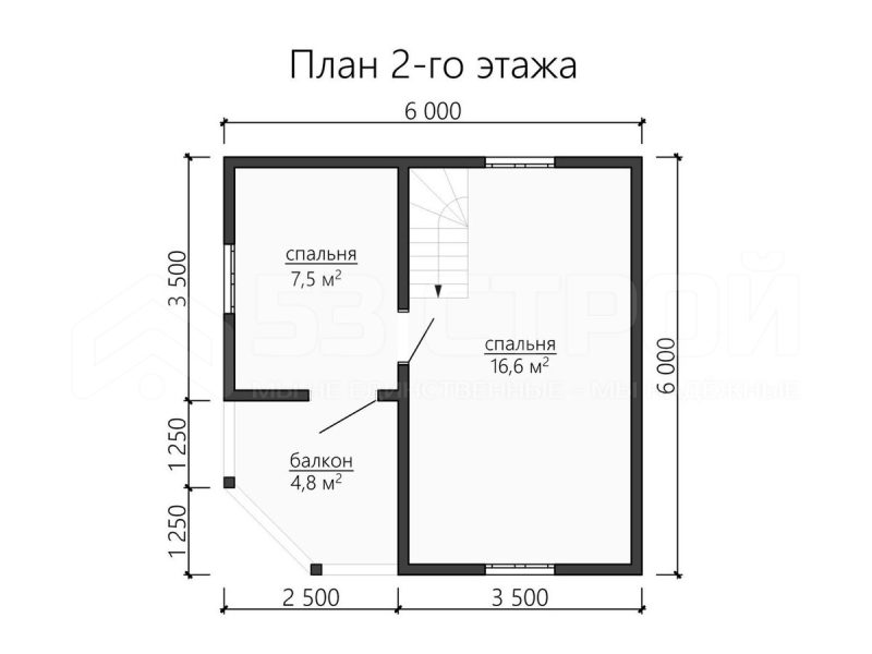 План второго этажа каркасного дома 6х6 с двумя спальнями