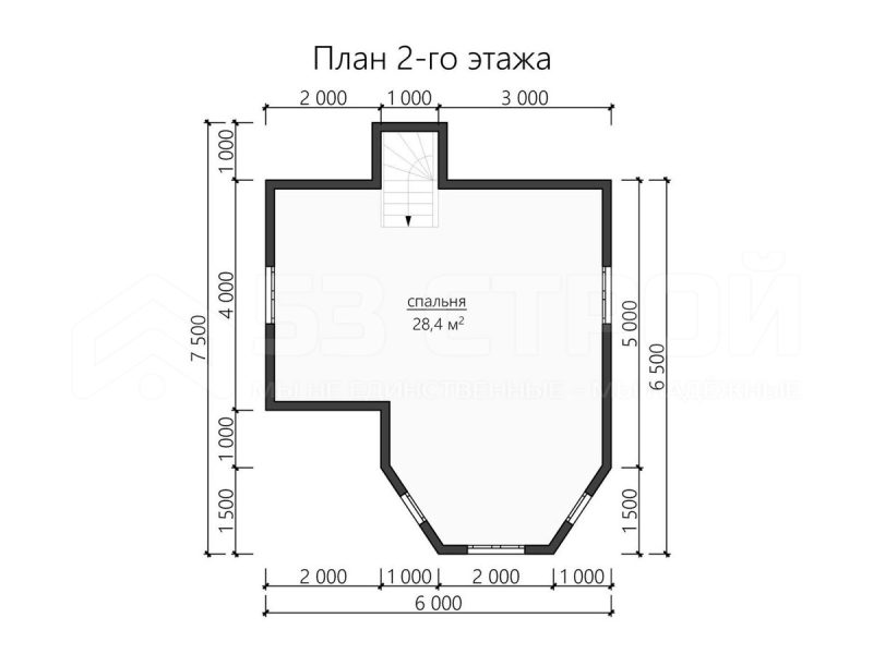 План второго этажа каркасного дома 6х7.5 с одной спальней