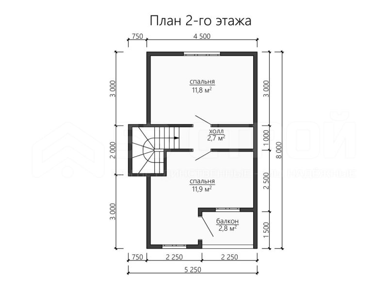План второго этажа каркасного дома 6х8 с двумя спальнями