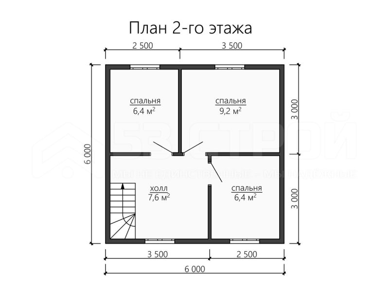 План второго этажа каркасного дома 6х8.5 с тремя спальнями