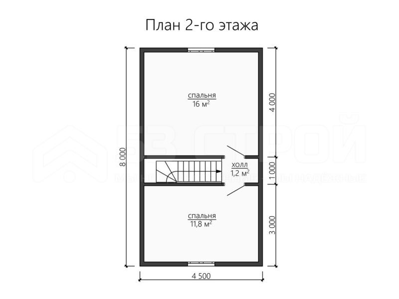 План второго этажа каркасного дома 8х8 с тремя спальнями