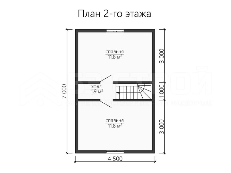 План второго этажа каркасного дома 7х9 с двумя спальнями
