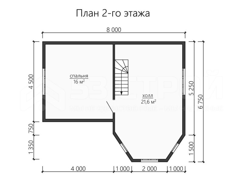 План второго этажа каркасного дома 8х7.5 с одной спальней