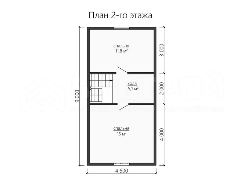План второго этажа каркасного дома 8х9 с тремя спальнями