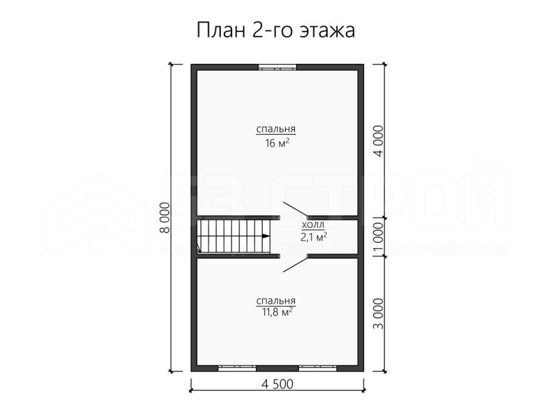 План второго этажа каркасного дома 8х9 с двумя спальнями