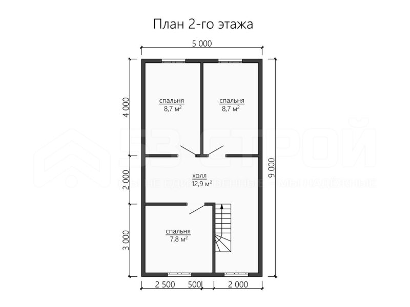 План второго этажа каркасного дома 7.5х9 с четырьмя спальнями