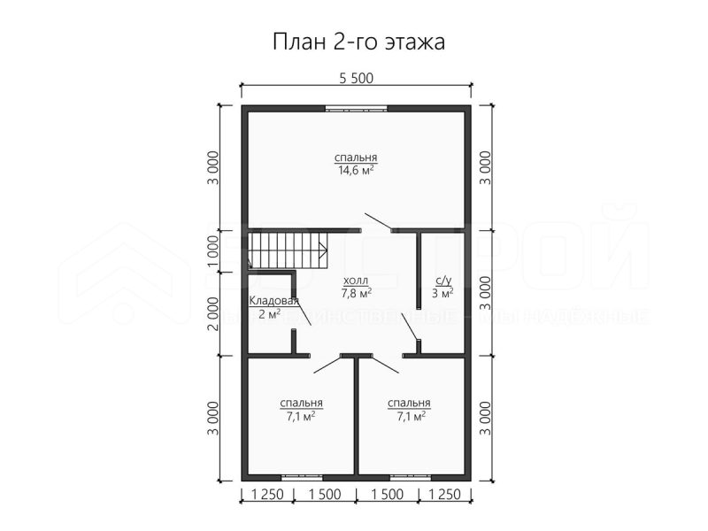 План второго этажа каркасного дома 7х9 с четырьмя спальнями