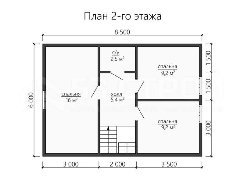 План второго этажа каркасного дома 8х8.5 с тремя спальнями