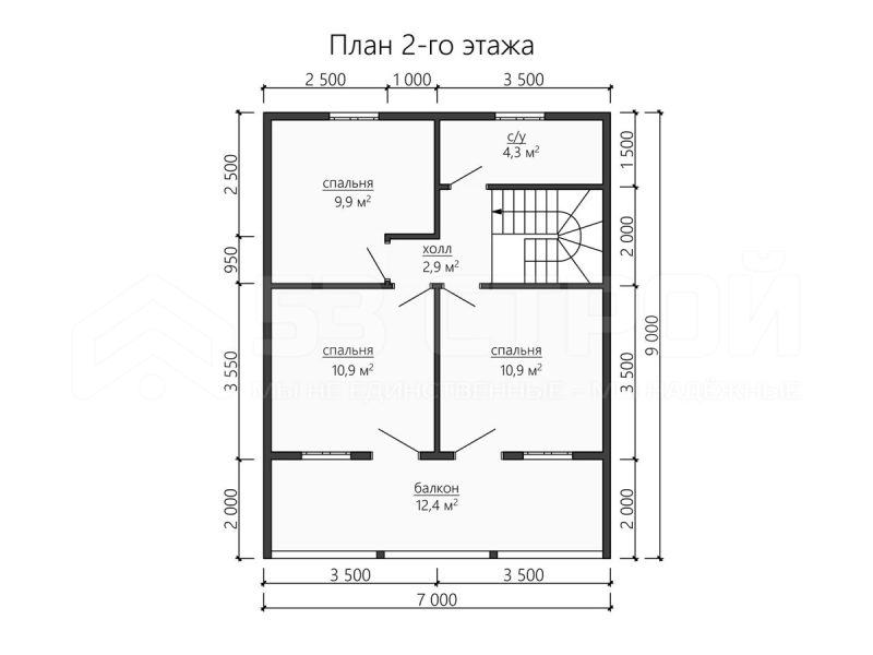 План второго этажа каркасного дома 7х9 с четырьмя спальнями