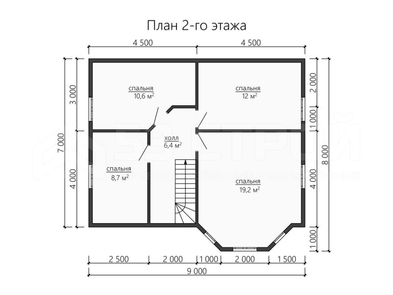 План второго этажа каркасного дома 8х9 с пятью спальнями