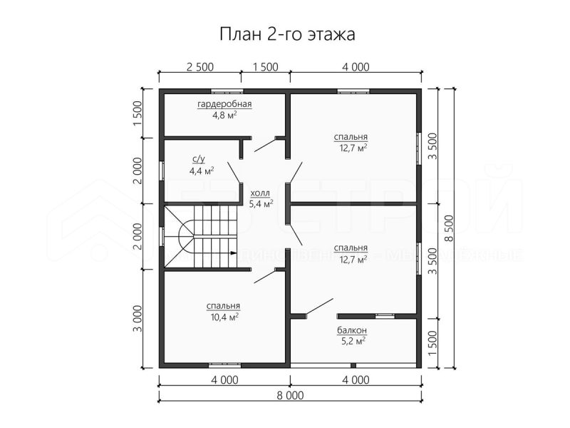 План второго этажа каркасного дома 8х8.5 с четырьмя спальнями