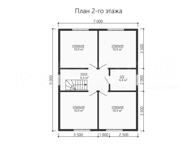 План второго этажа каркасного дома 9х9 с пятью спальнями