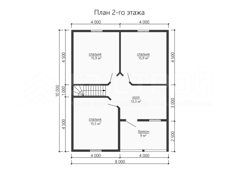 План второго этажа каркасного дома 8х10 с четырьмя спальнями