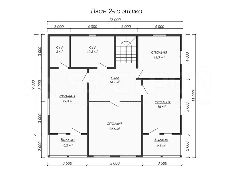 План второго этажа дома из бруса 11 на 12 с пятью спальнями