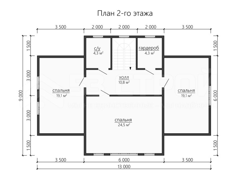 План второго этажа каркасного дома 9х15.5 с четырьмя спальнями