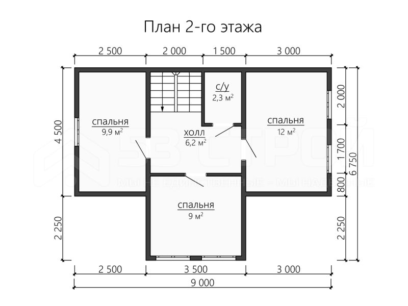 План второго этажа дома из бруса 7.5х11.5 с четырьмя спальнями