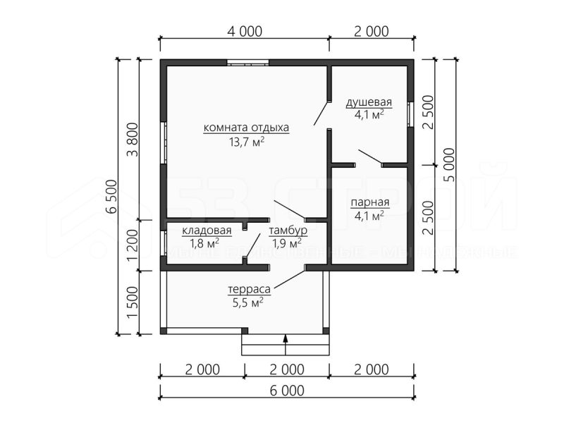 Планировка одноэтажной каркасной бани 6на6.5