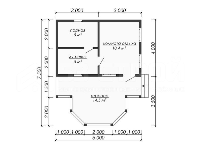 Планировка одноэтажной каркасной бани 6на7.5