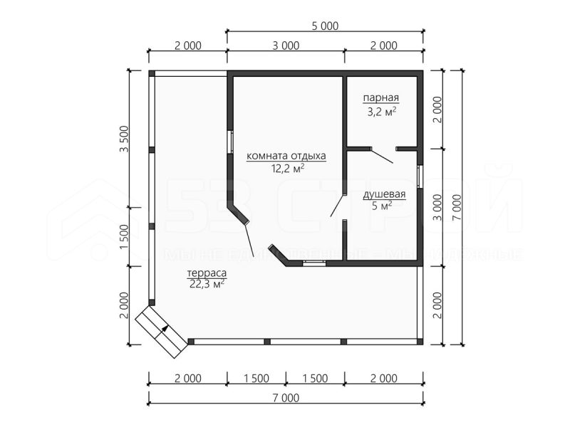 Планировка одноэтажной каркасной бани 7на7