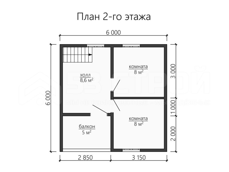 План второго этажа каркасной бани 6 на 8 с тремя комнатами