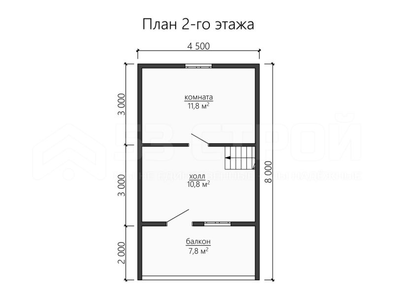 План второго этажа каркасной бани 6на8 с двумя комнатами