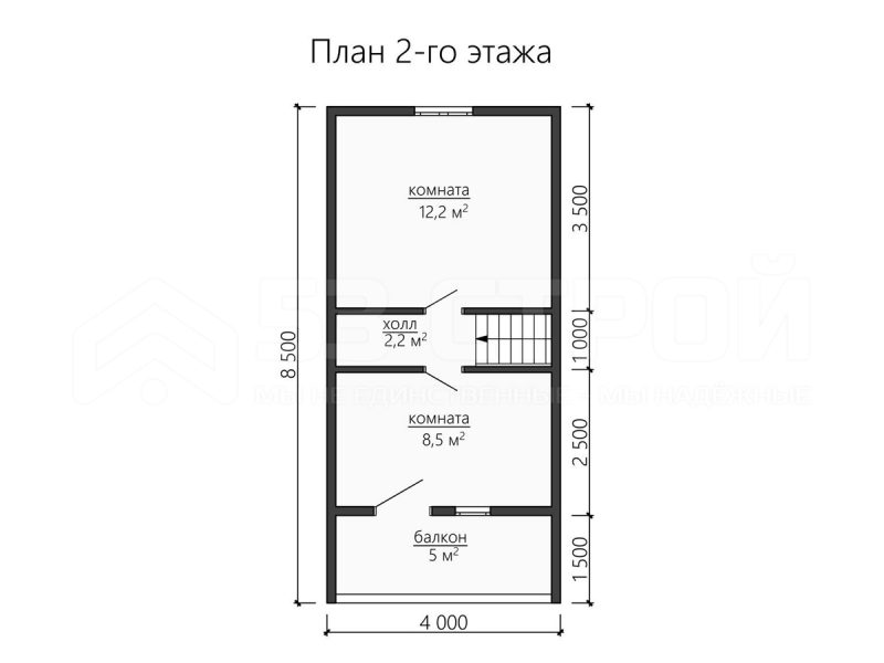 План второго этажа каркасной бани 6 на 8.5 с тремя комнатами
