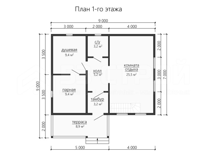 Планировка одноэтажной каркасной бани 9на9