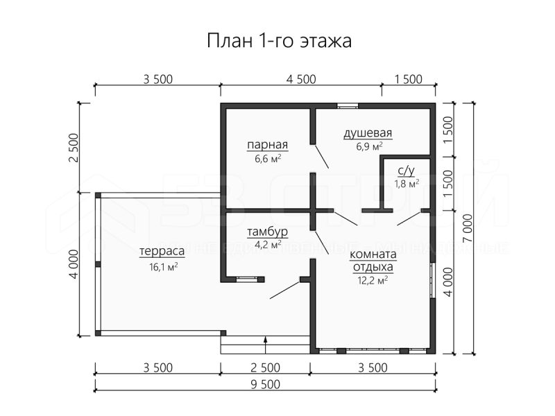 Планировка одноэтажной каркасной бани 7 на 9.5
