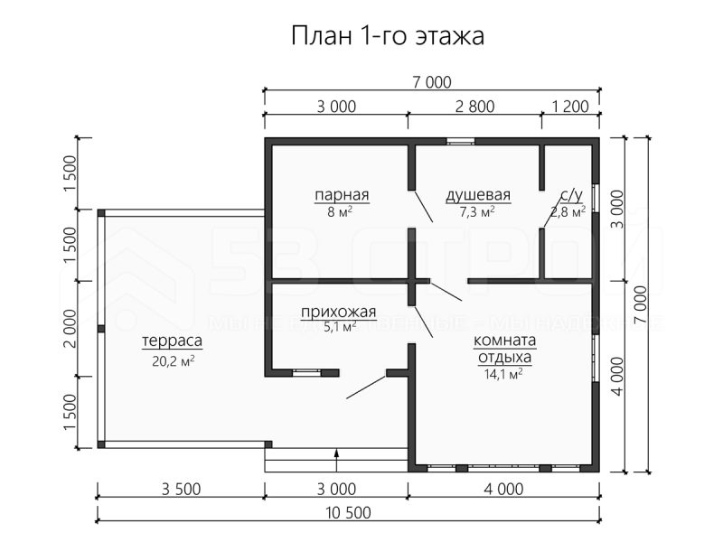 Планировка одноэтажной каркасной бани 10.5 на 7