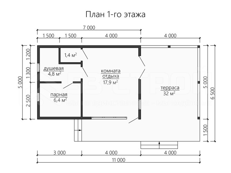Планировка одноэтажной каркасной бани 11 на 6.5