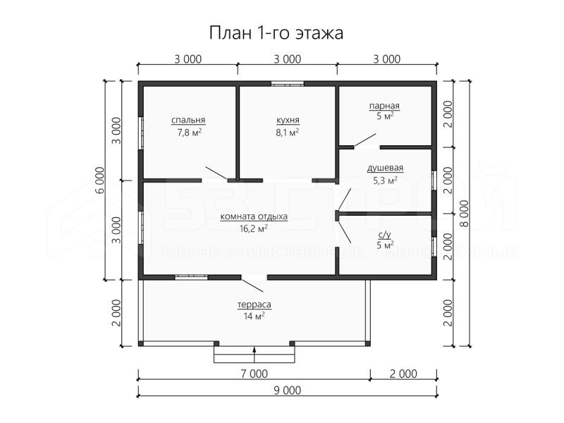 Планировка одноэтажной каркасной бани 9 на 8