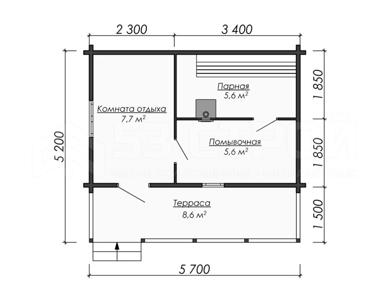 Планировка одноэтажной каркасной бани 5.2на5.7