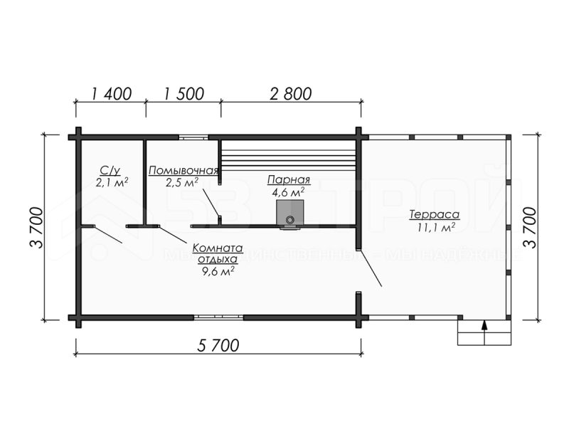Планировка одноэтажной каркасной бани 5.7 на 3.7