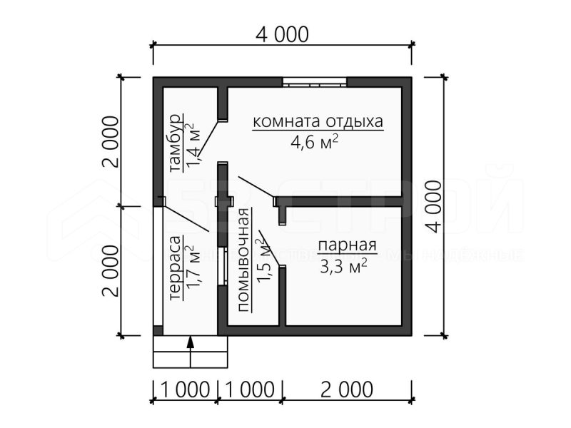 Планировка одноэтажной каркасной бани 4на4