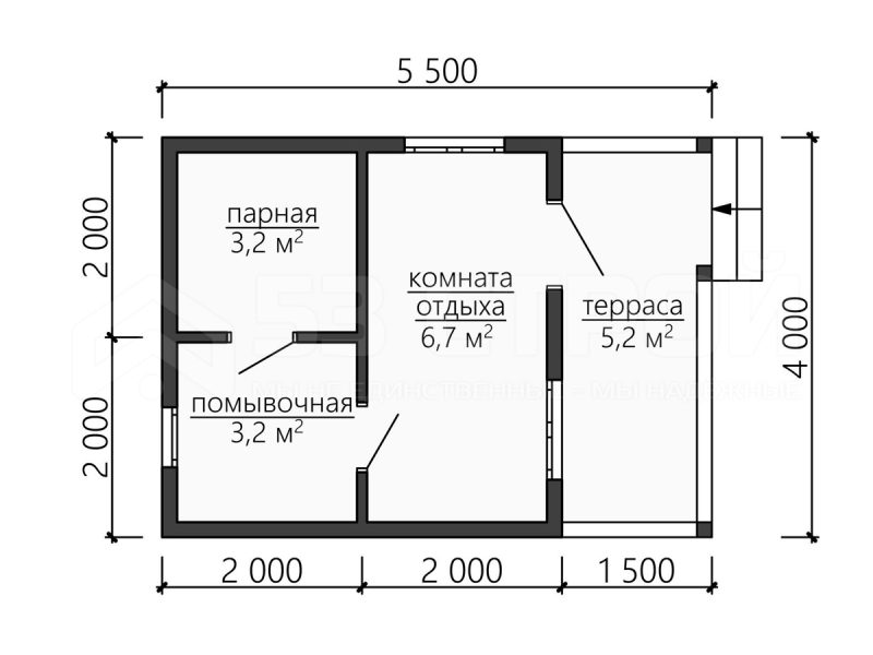 Планировка одноэтажной бани из бруса 5.5х4